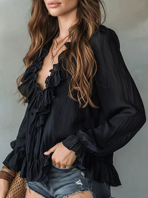 Brown blouse with hip-length and tie