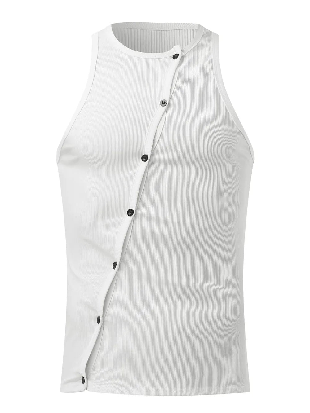 White ribbed tank top with asymmetric button-up detail