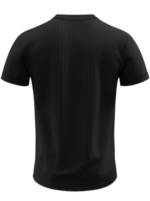 Black ribbed button-down casual tee for men, short sleeves, cotton blend fabric.
