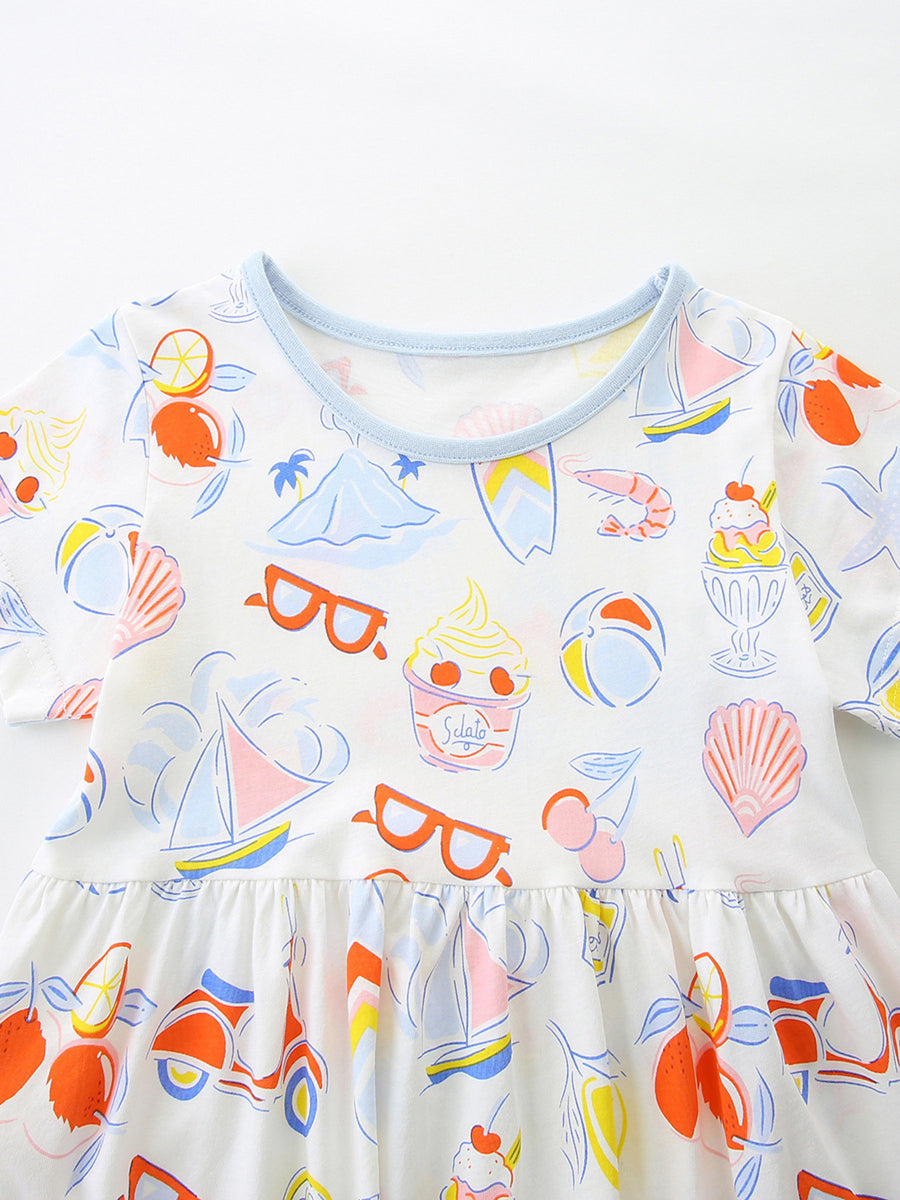 Baby girls' cotton A-line dress with playful summer print, ruffled hem, and light blue trim.