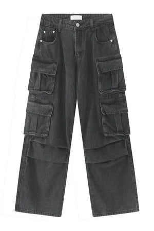 Baggy dark wash denim cargo pants with multiple pleated pockets and wide legs.