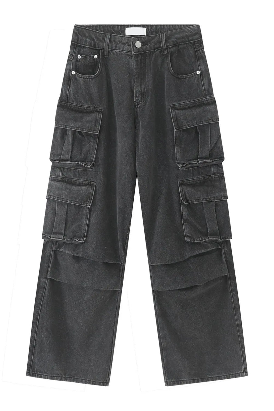 Baggy dark wash denim cargo pants with multiple pleated pockets and wide legs.