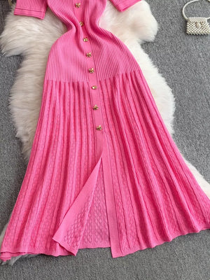 Pink ribbed knit midi dress with gold button detail and front slit