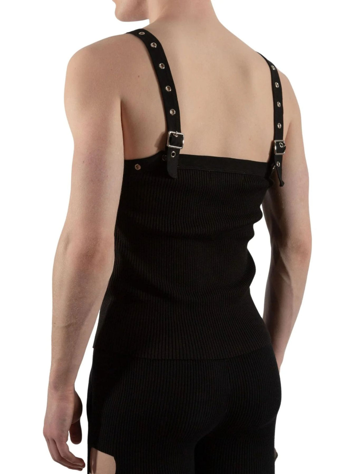 Black tank top featuring ribbed knit and ribbed