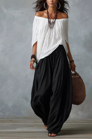 Black Off-shoulder Top And Wide-leg Pants Set Plus Size