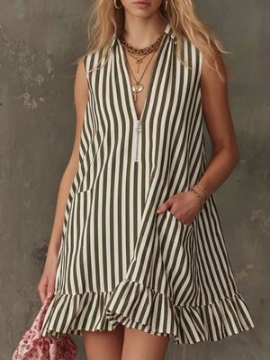 Striped mini dress with ruffle hem and zipper front, in army green and white.
