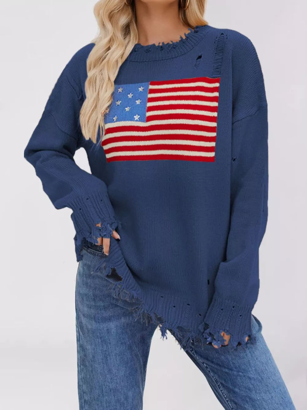 navy blue pullover sweater with American Flag graphic and crew neck