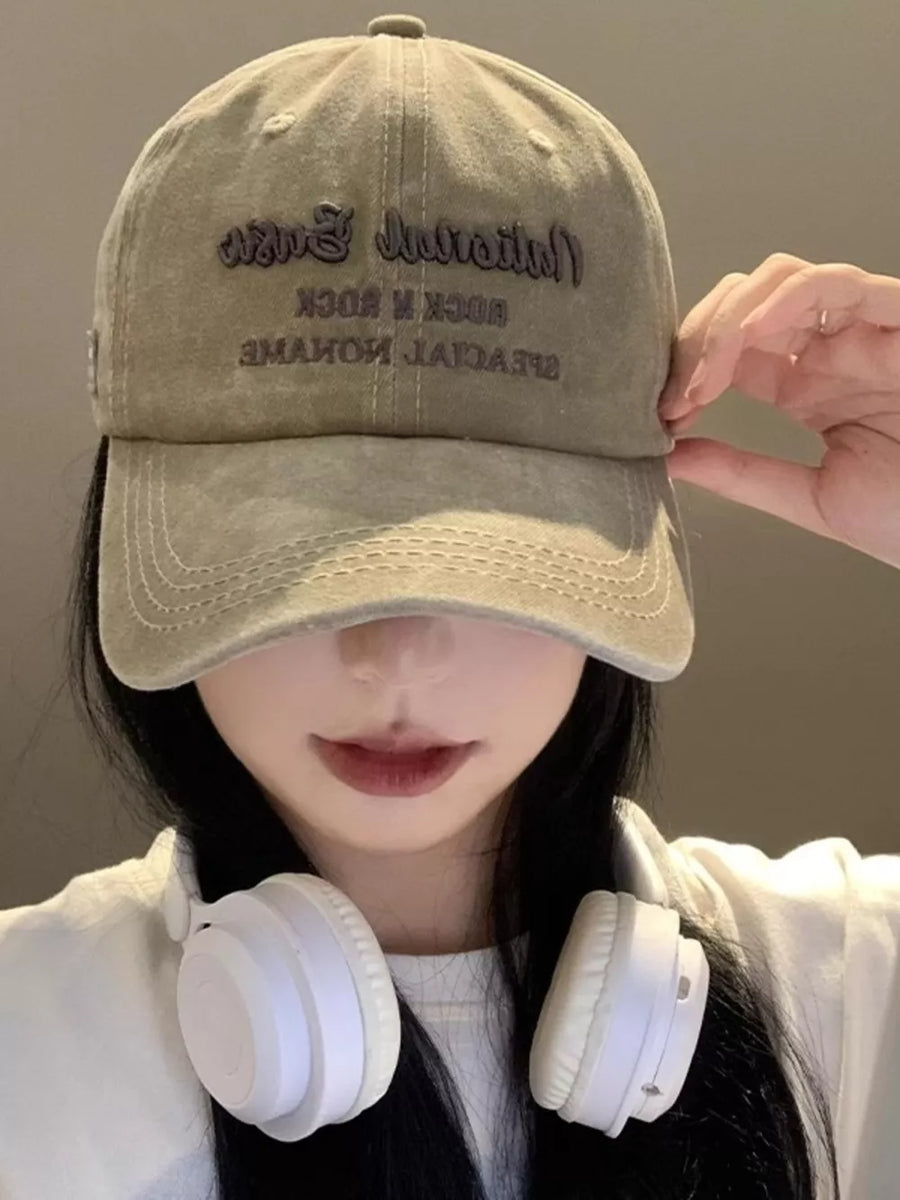 Khaki washed baseball cap with embroidered text detail