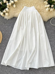 White gathered waist high-waisted a-line skirt with pockets