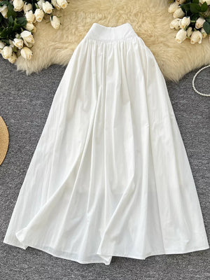 White gathered waist high-waisted a-line skirt with pockets
