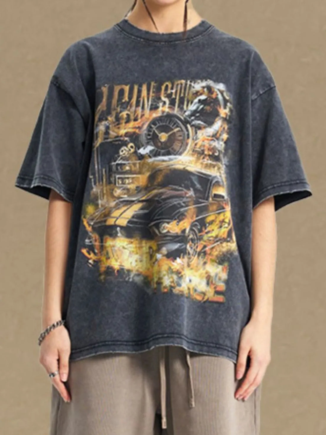 Black vintage wash graphic tee with racing car and flames motif