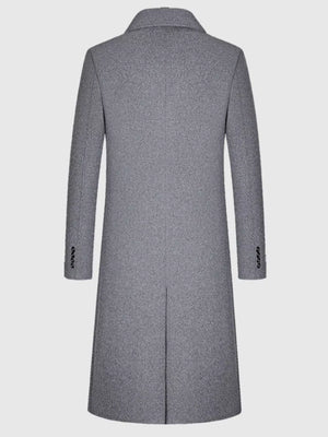 Men's classic dark gray button-up overcoat with buttoned cuffs and back vent.