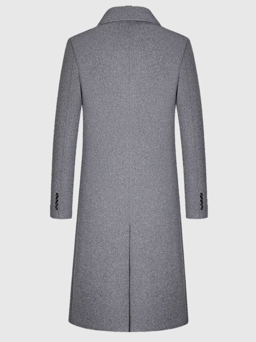 Men's classic dark gray button-up overcoat with buttoned cuffs and back vent.