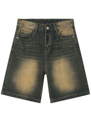 Two-tone washed denim bermuda shorts in olive brown with a faded effect.