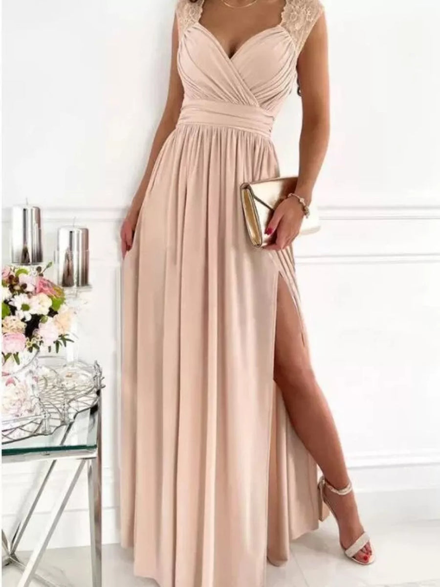 Elegant tan maxi dress with lace accents, deep V-neck, ruched bodice, and high slit.
