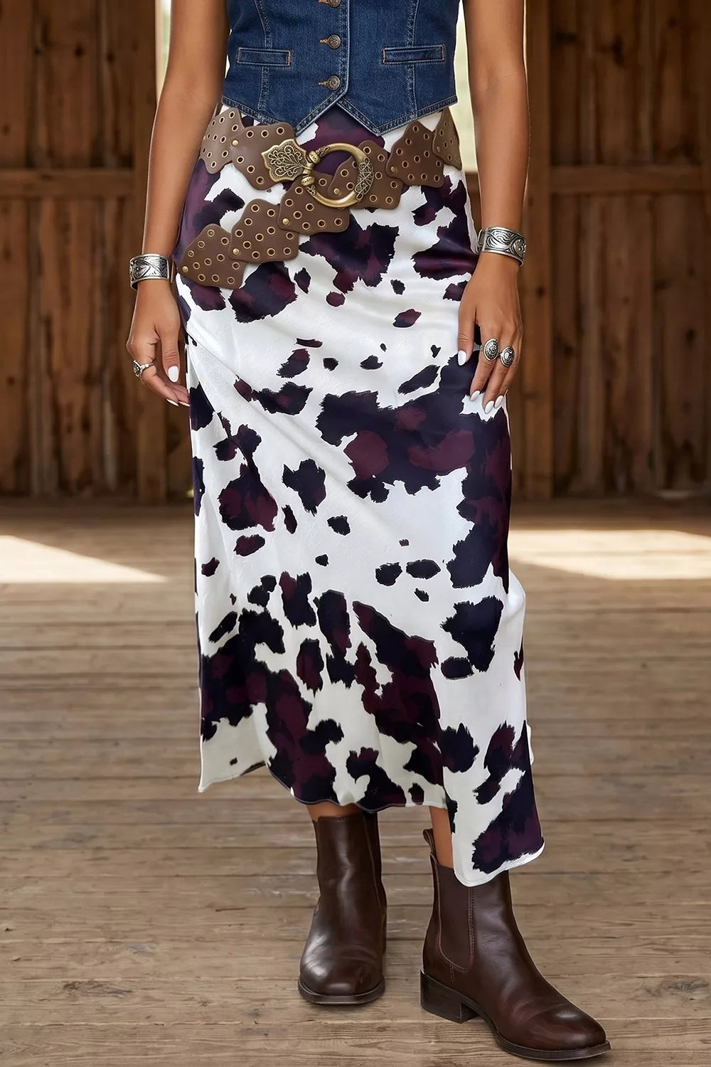 ivory midi skirt with cow-print and N/A