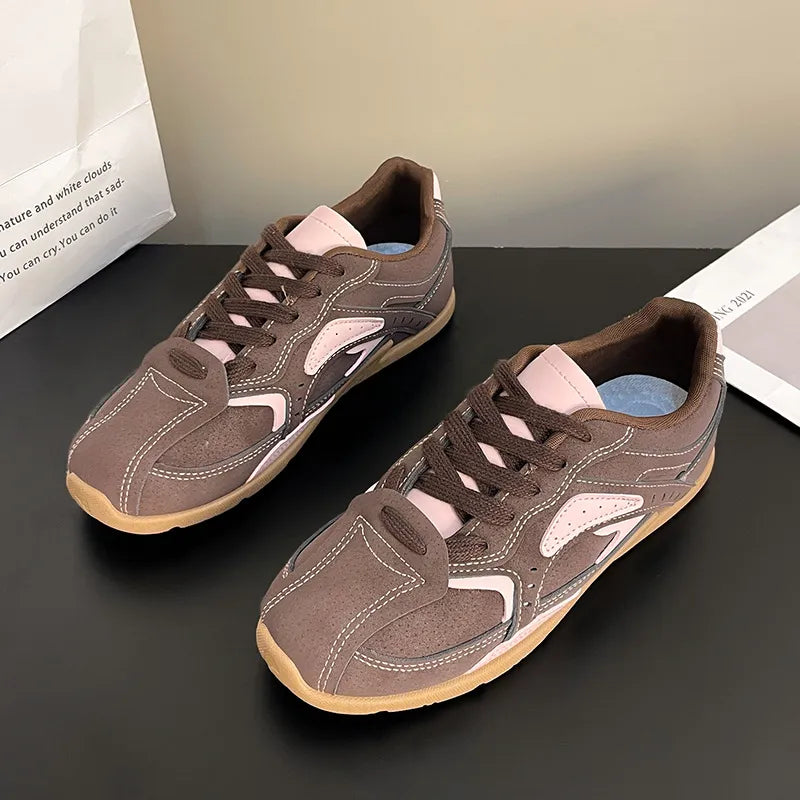 Retro Runner Panel Sneakers in brown with pink and white accents, lace-up closure.