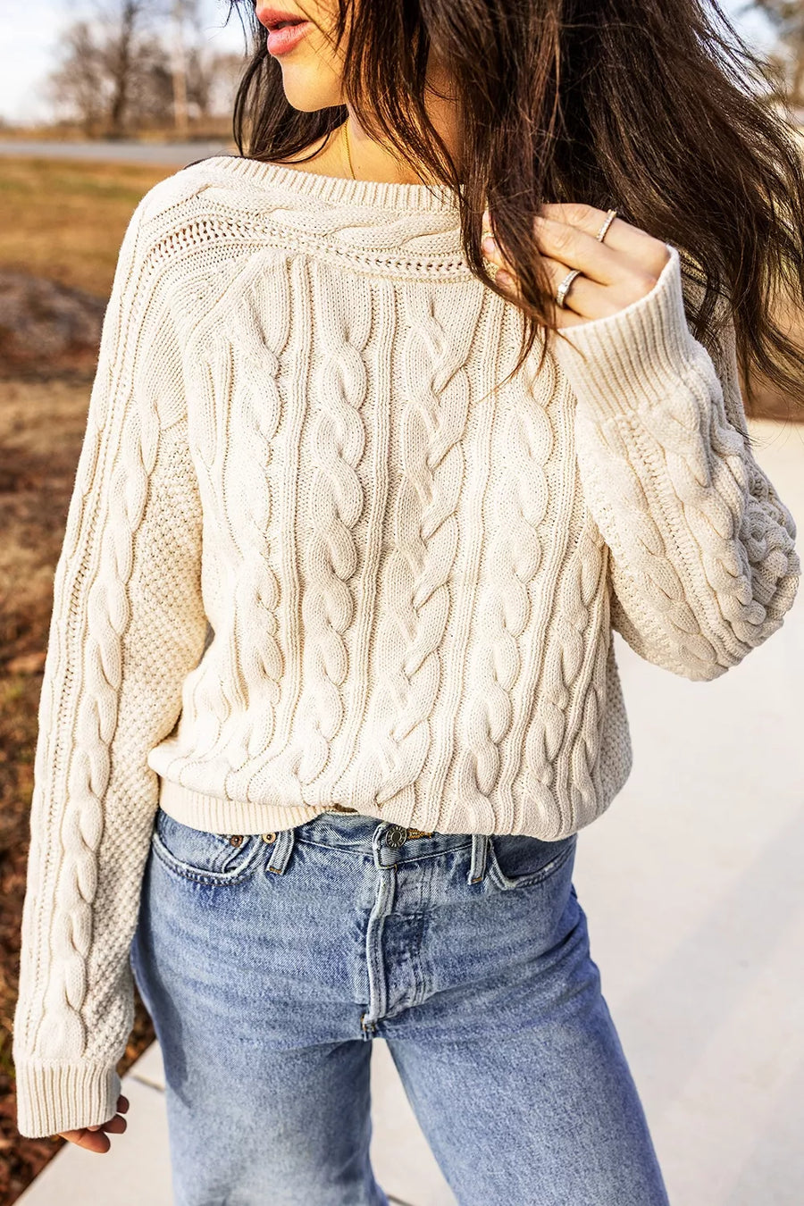 Drop Shoulder Round Neck Cable Knit Sweater option 7