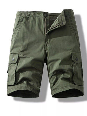 Army green cargo shorts for men with button fly and multiple pockets.