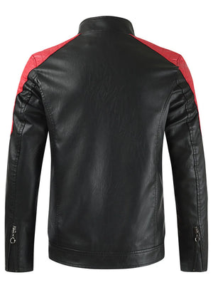 Black faux leather jacket with red shoulder and sleeve accents, stand collar, and zippered cuffs.