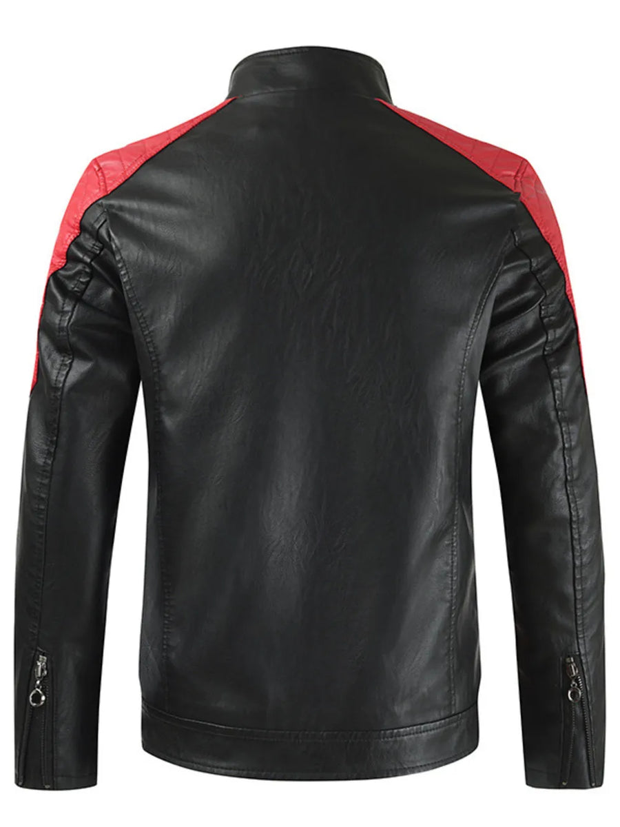 Black faux leather jacket with red shoulder and sleeve accents, stand collar, and zippered cuffs.