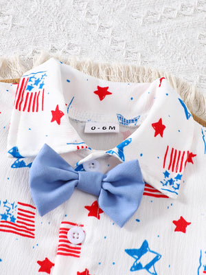 Patriotic baby shirt with stars and flags pattern, featuring a blue bow tie.