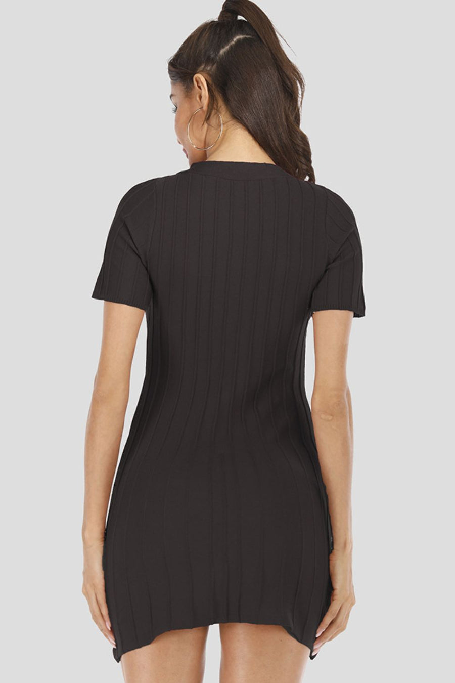 Black ribbed knit button-front mini dress with short sleeves.