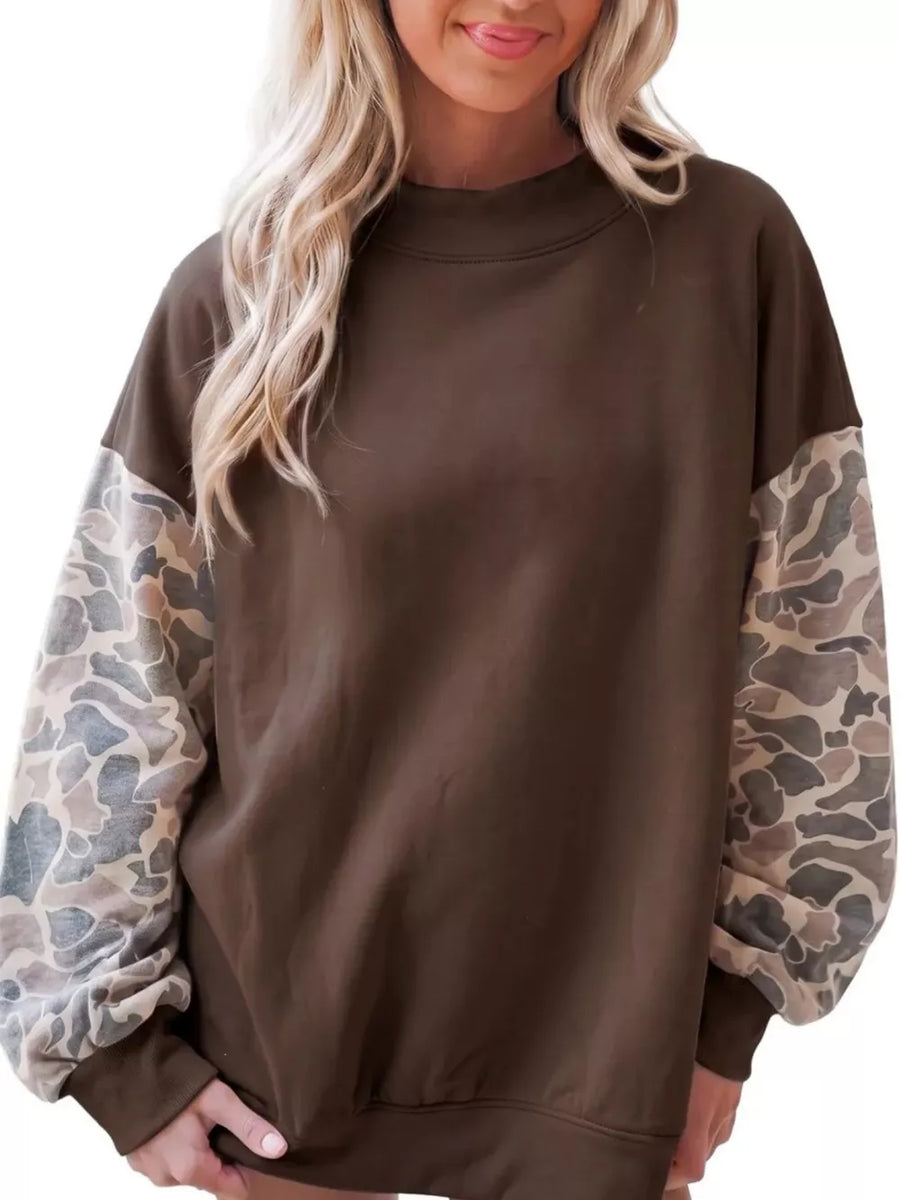 dark brown sweatshirt with camo and crew neck