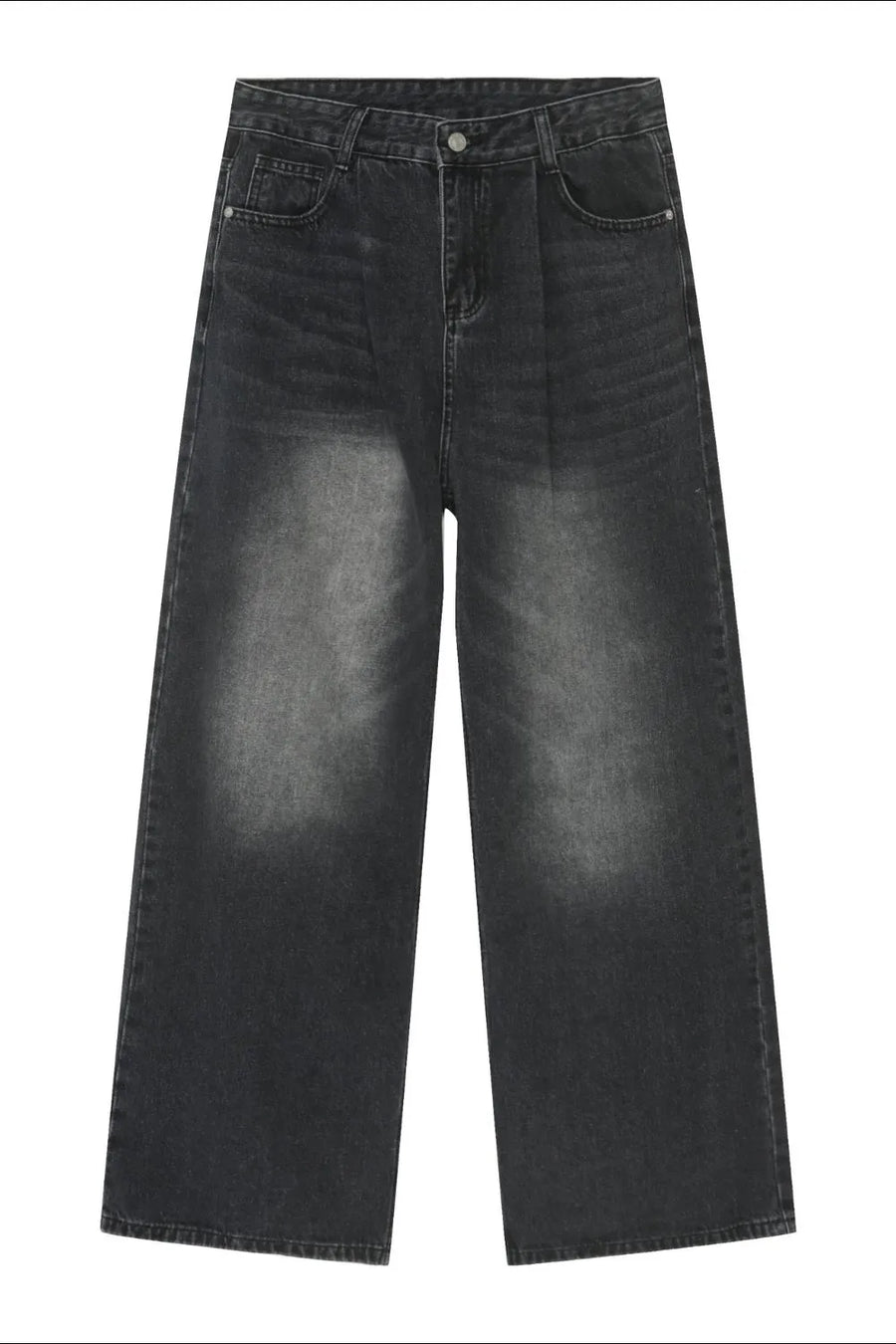 Black faded wash palazzo jeans with front pleats and wide legs.