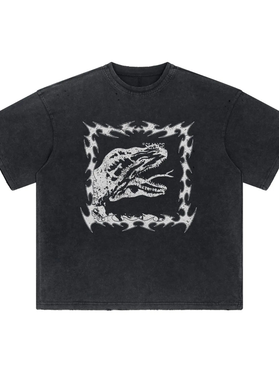 Black distressed graphic tee with dinosaur motif and tribal border.
