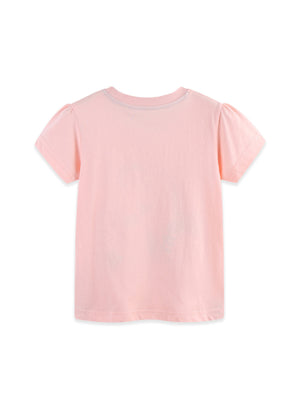 Childrens blush pink cotton t-shirt with short puff sleeves and unicorn graphic detail.