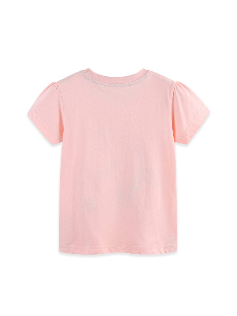 Childrens blush pink cotton t-shirt with short puff sleeves and unicorn graphic detail.