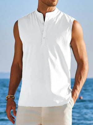 White sleeveless shirt with mandarin collar and buttoned placket