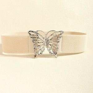 Elastic waist belt with silver butterfly buckle, light yellow fabric