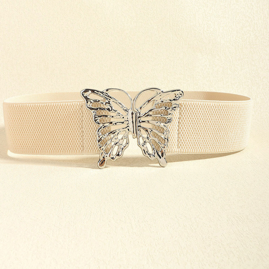 Elastic waist belt with silver butterfly buckle, light yellow fabric
