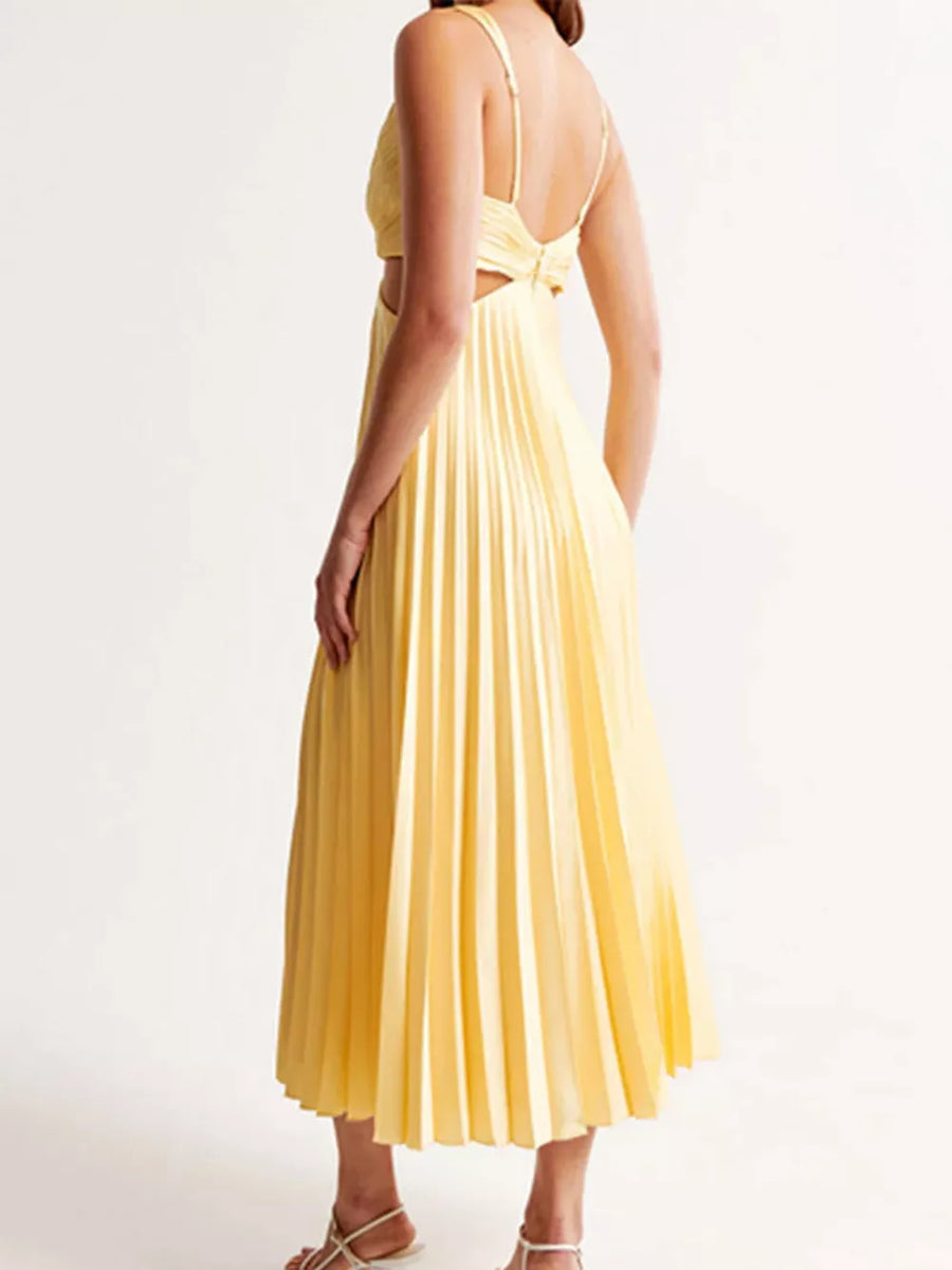 Green Elegant Pleated Midi Dress With Cut-outs