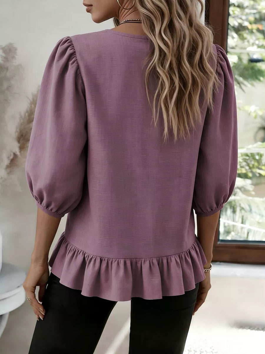 Khaki with Casual Puff Sleeve Ruffle Hem Blouse in Khaki
