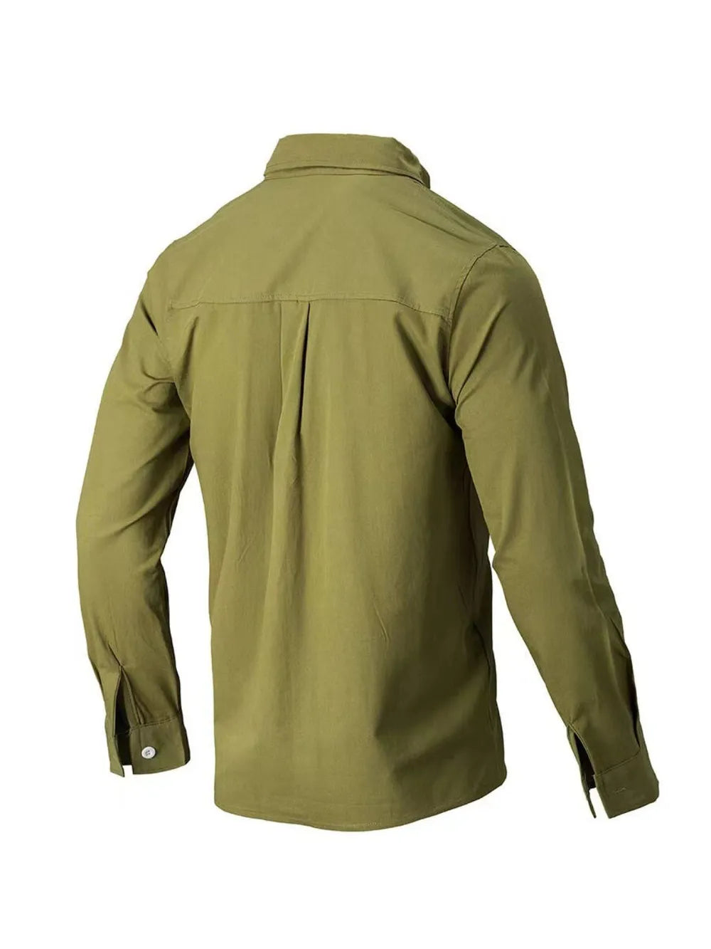 Olive green Oxford button-down shirt with relaxed fit and back pleats.