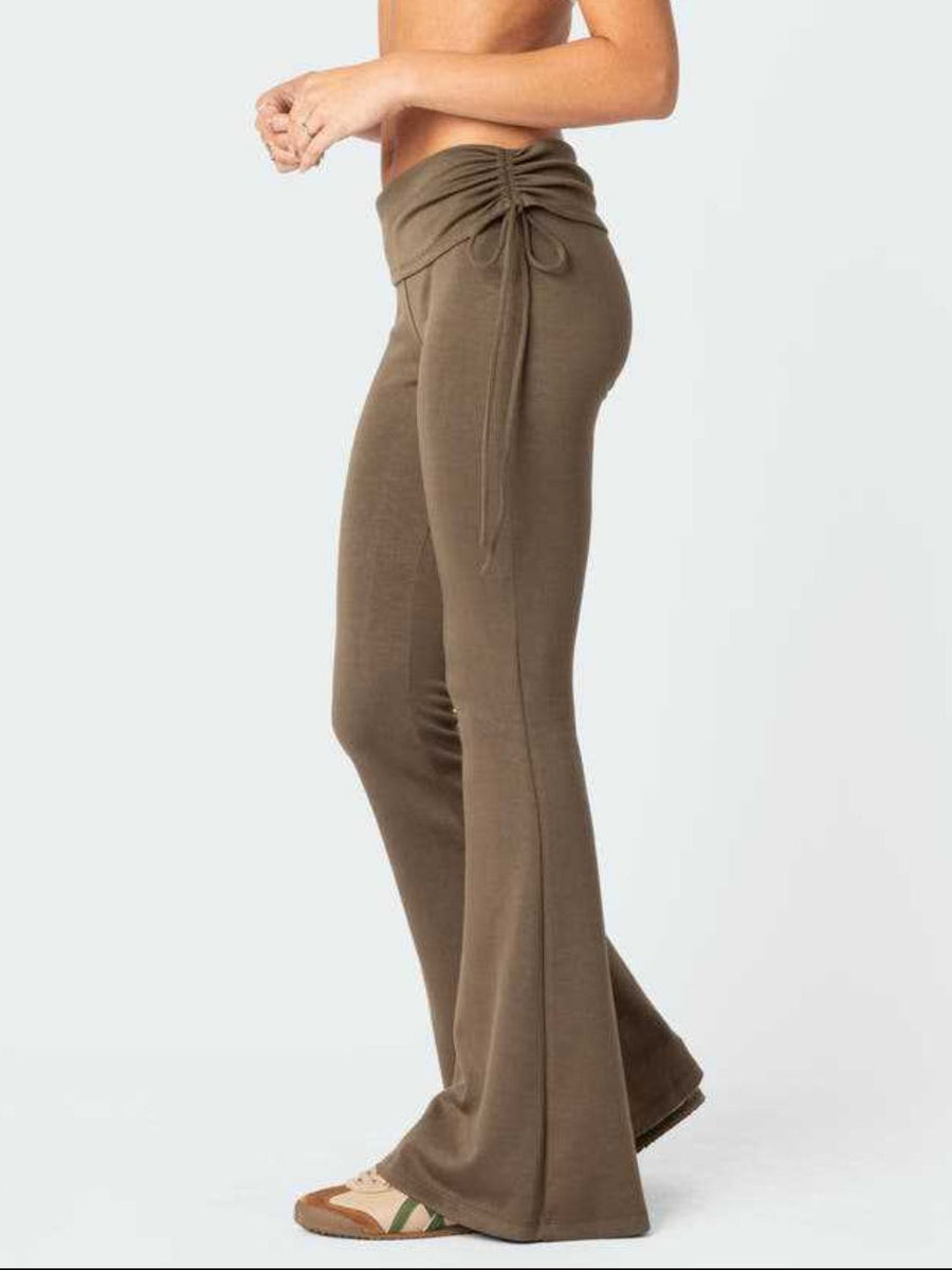 Drawstring waist flare trousers in coffee brown with a ruched detail and tie.
