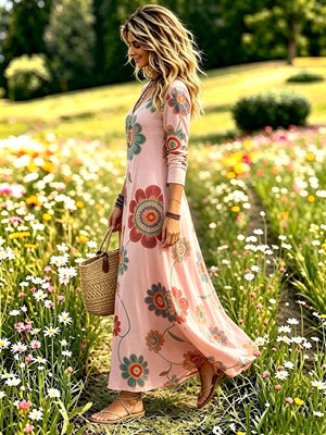 Floral Print V-Neck Long Sleeve Maxi Dress in cream