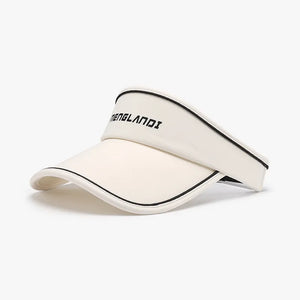 Ivory textured visor with black contrast piping and embroidered text.