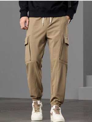 Khaki Men S Casual Cargo Pants With Drawstring Waist