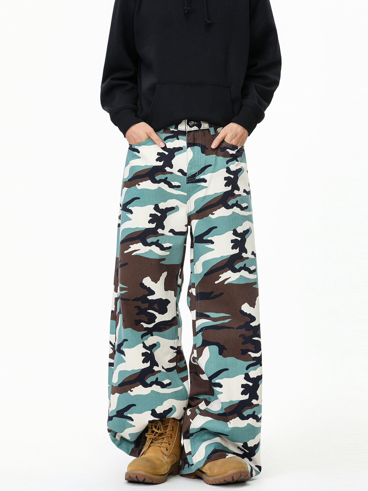 dark brown wide-leg pants featuring pocketed and camo