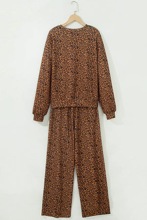 camel pajama set with hip-length top, full-length pants and pullover, drawstring