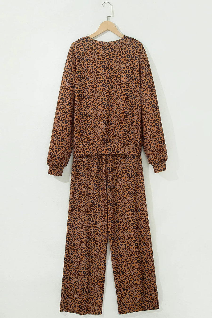 camel pajama set with hip-length top, full-length pants and pullover, drawstring