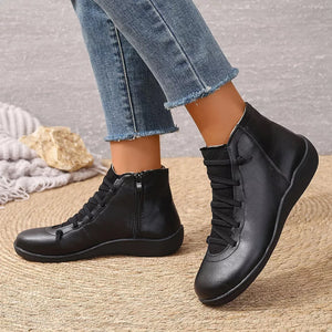 Red ankle boots with ankle-length and lace-up, zip-front