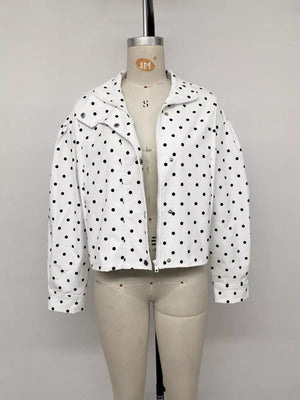 black windbreaker with zip-front and polka dot