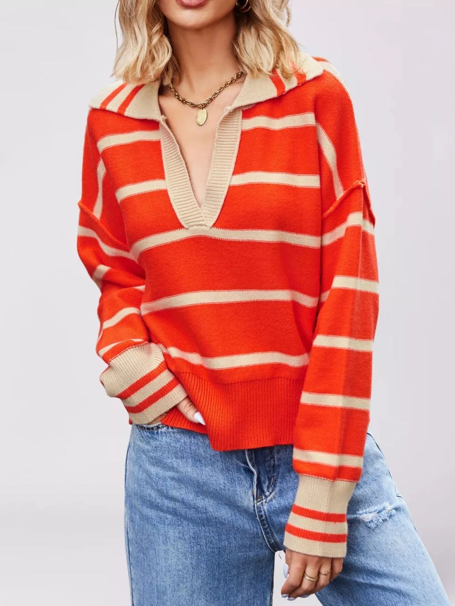 cream pullover sweater featuring ribbed and striped