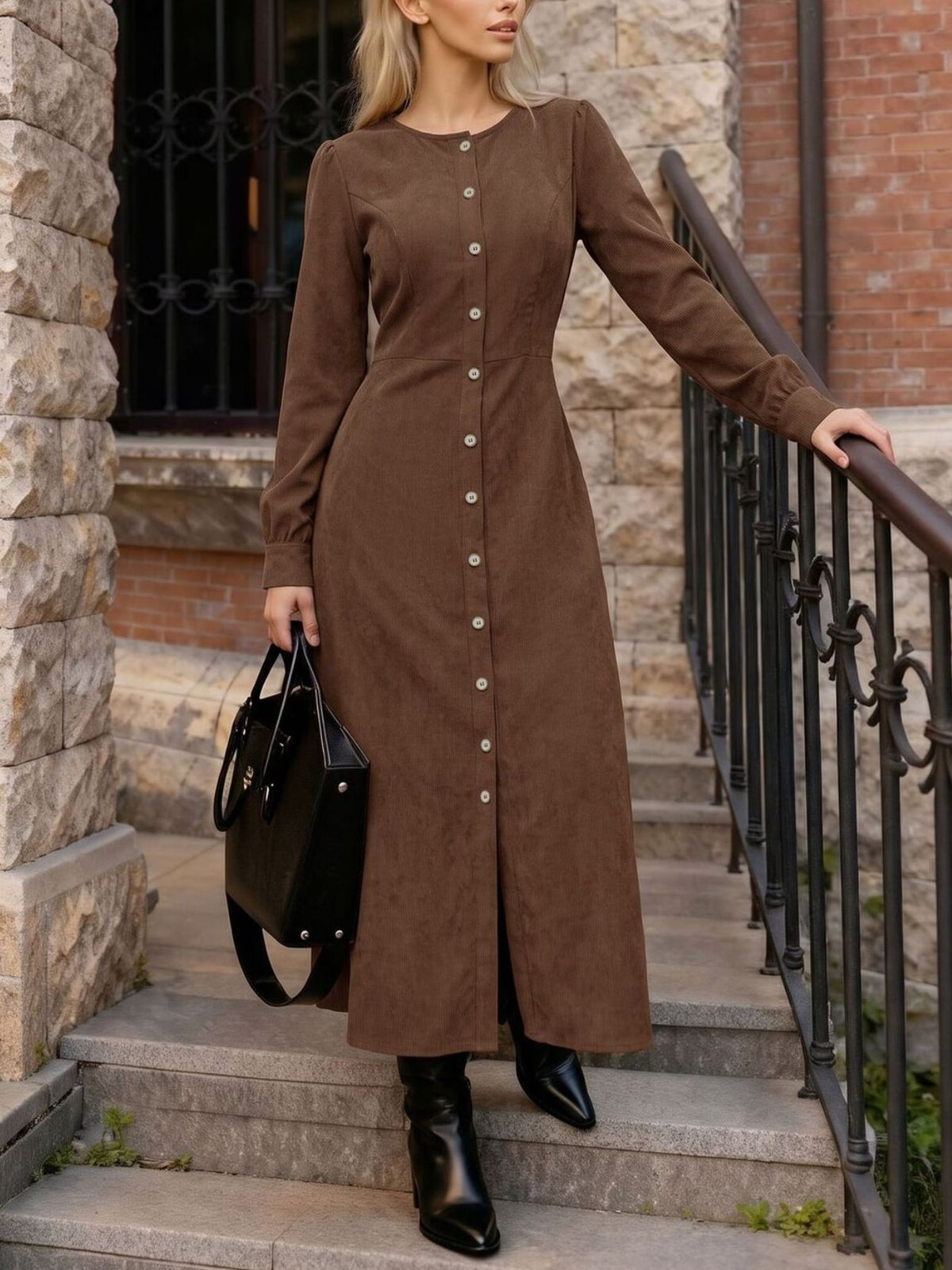chocolate brown maxi dress with ribbed and round neck