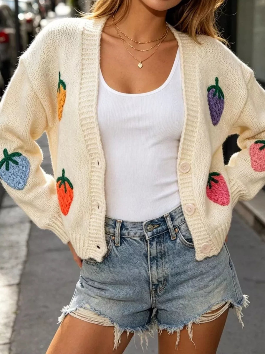 Full Size Fruit Applique Knit Cardigan in Black